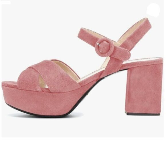 FSJ Pink Peep Toe Chunky High Heels Platform Sandals Ankle Strap Velvet Shoes - Picture 1 of 8